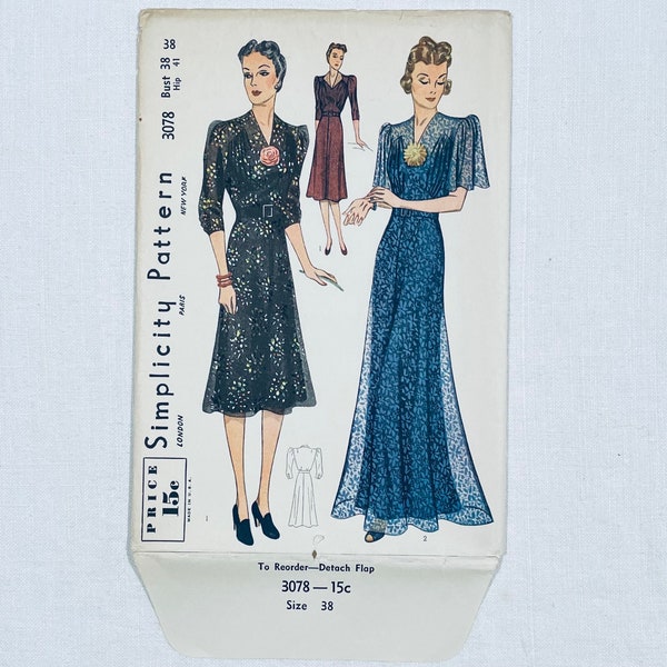 B-38, UNCUT evening gown or day dress, flutter sleeves or 3/4, gathered bodice, flared skirt, Simplicity 3078, 1930s 1940s pattern