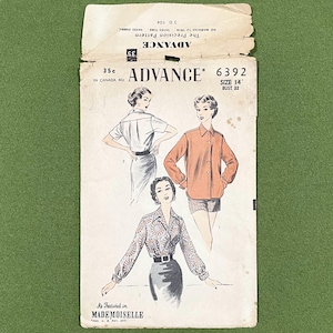 1950s blouse pattern, cuffed blouse, pointed collar shirt womens, bust 32