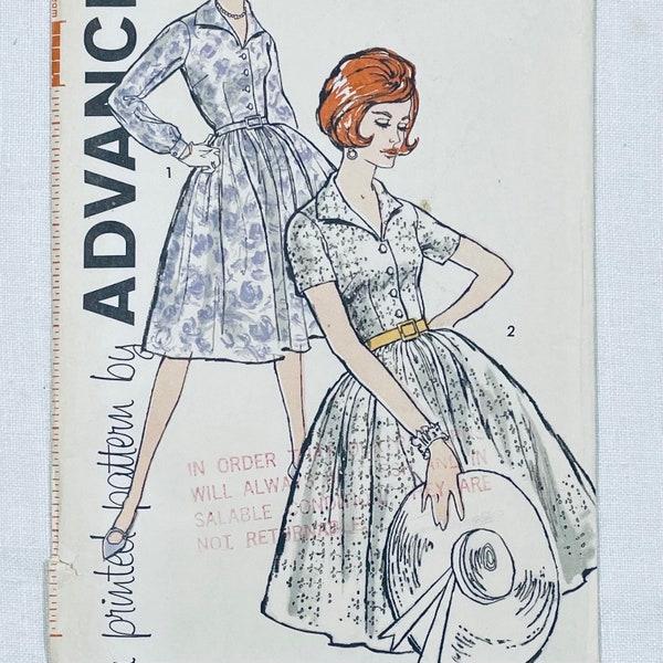 B-38 UNCUT shirtdress, full gathered skirt dress, button front, long or short sleeves, 1950s 1960s Advance sewing pattern 9789, printed