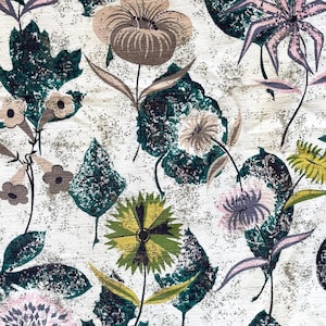 Barkcloth fabric, mcm flowers, gold overprint, 1940s 1950s cotton, 77 x 43