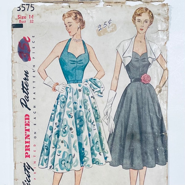 B-32, halter neck sundress sweetheart neckline, day dress and bolero jacket, circle skirt, 1940s 1950s sewing pattern, Simplicity 3575