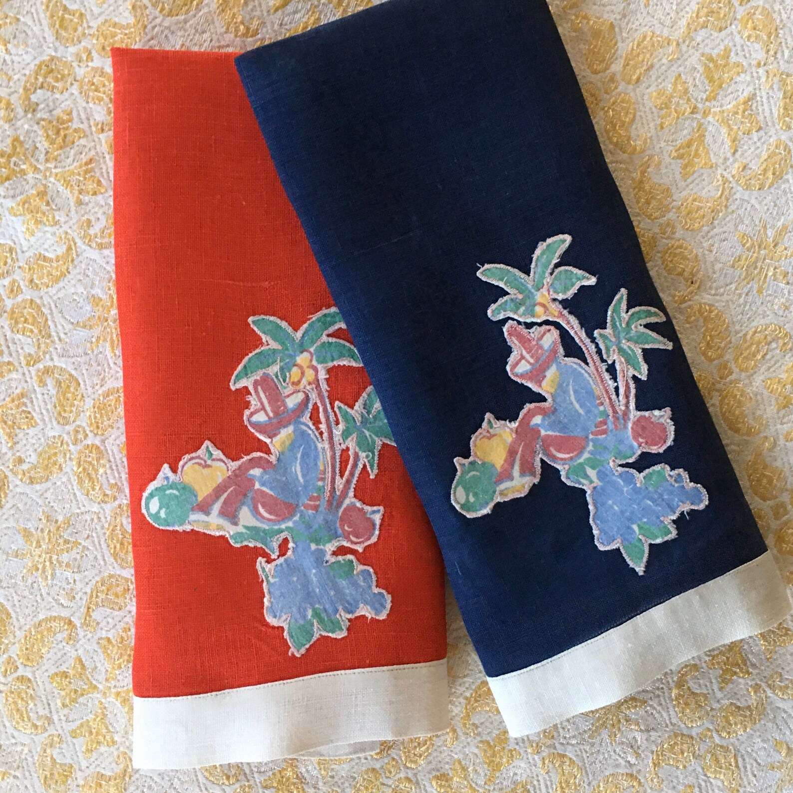 Set of linen hand towels with Mexican motif applique Etsy
