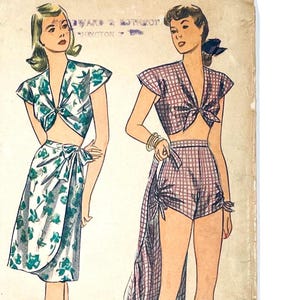 Playsuit pattern, high waisted shorts, tie top, middy top, sarong wrap skirt, 1940s, Simplicity 1307, small