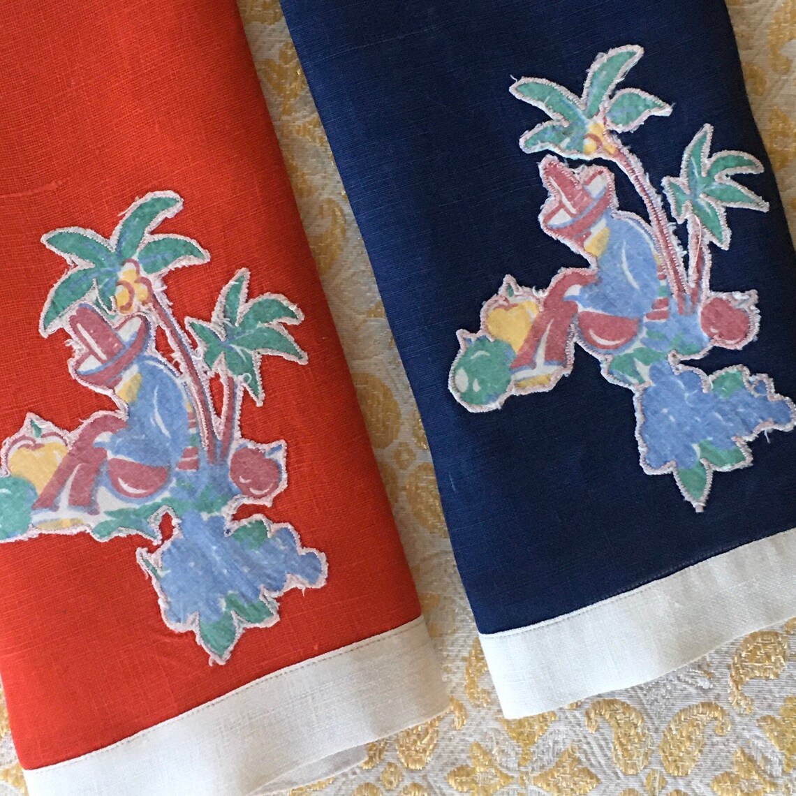 Set of linen hand towels with Mexican motif applique Etsy