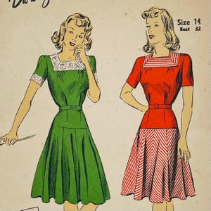 1940s dress pattern, long waist fit and flare, fitted bodice, circle skirt, square neckline, DuBarry b-32, UNCUT