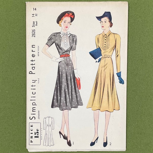 B-32, UNCUT 1930s 1940s bib front dress pattern with optional collar, Simplicity 2826