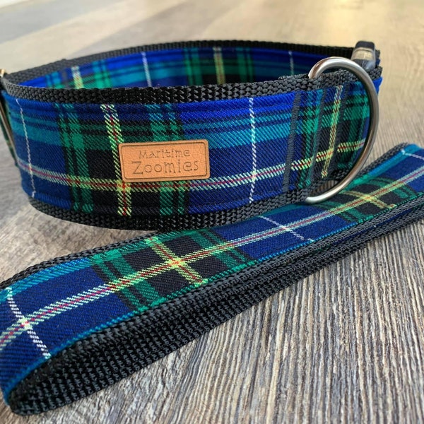 Nova Scotia Tartan Large Print Dog Collar, Maritime, PEI, Blue, Green, White