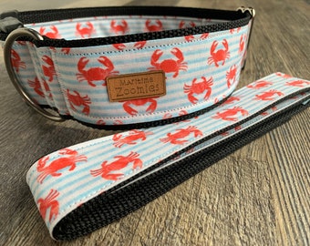 Little Crab Dog Collar, Maritime, PEI, Canada, Red, Blue Stripe, Ocean, Crustacean