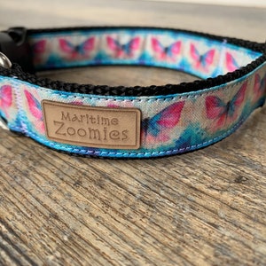 Butterfly Watercolour Style 2 Dog Collar, PEI, Canada, Pink, Blue