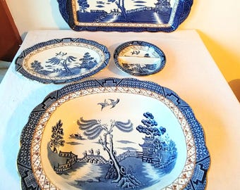 Booths Real Old Willow China Serving Pieces Made in England Open Veg Bowl and oval pickle dish