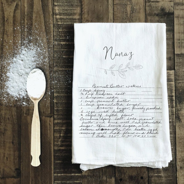 Mother's Day Gift for Mom, Mother Gift Handwritten Recipe Tea Towel Flour Sack - Personalized recipe in handwriting on a keepsake tea towel