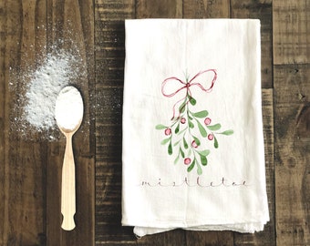 Christmas Watercolor Tea Towel, Meet Me Under the Mistletoe Watercolor, Unique Gift, Kitchen Decor, Christmas Decor, Seasonal, Cute, Winter