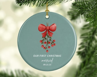 Personalized First Christmas Engaged - Christmas Engagement Names Ornament 2023 - Mistletoe Ornament - First Christmas Married Christmas