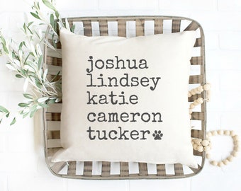 Family Names Throw Pillow Covers, Personalized Name Gift for Mothers Day, 18 x 18” Custom Cotton Pillowcases, Birthday Mother's Day Gift