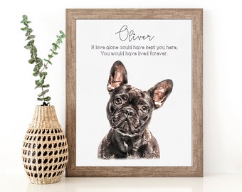 May include: A framed watercolor painting of a black French Bulldog with the name "Oliver" and the quote "If love alone could have kept you here, You would have lived forever."