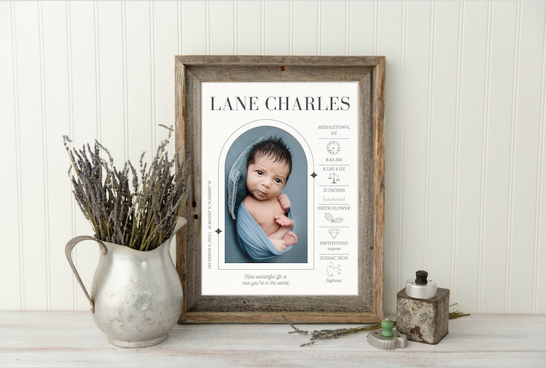 May include: A framed birth announcement for a baby boy named Lane Charles. The announcement includes a photo of the baby, his birth date, time, weight, length, birth flower, birthstone, and zodiac sign. The announcement is printed on white paper with black text and a blue background.