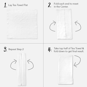 May include: A step-by-step guide on how to fold a tea towel into a triangle shape. The instructions are numbered 1 through 4 and include images of each step.