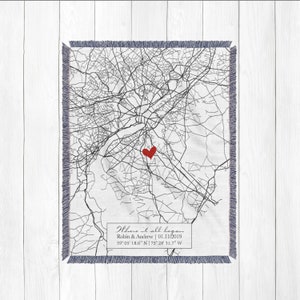 Valentines Gift for Her Custom Map Blanket GPS Coordinates Christmas Gift for Him, House Warming Gift for Boyfriend, Wedding Husband Gift