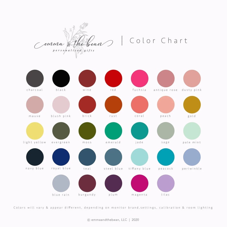 May include: Color chart with 36 different color swatches. The colors are arranged in rows and columns, with the names of each color listed below the swatches. The chart is titled "Emma & the Bean Color Chart".