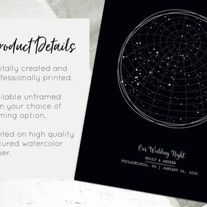 May include: A black and white star map print with a white circle around the stars. The text "Our Wedding Night" is at the bottom of the print, with the names "Holly & Andrew" and the date "January 24, 2020".