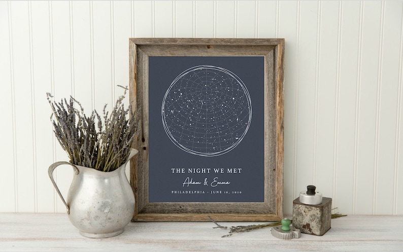 May include: A framed print with a navy blue background and a white star constellation design. The text "The Night We Met" is printed below the constellation with the names "Alan & Emma" and the location "Philadelphia - June 18, 2019".