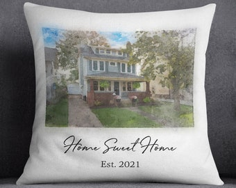 Custom House Portrait Pillow, Housewarming Gift, First Home Gift, Home Illustration, Watercolor Home Portrait, Realtor Closing Gift
