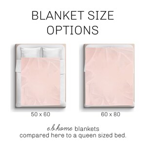 May include: Two pink blankets on a bed, showing the size difference between a 50 x 60 inch blanket and a 60 x 80 inch blanket. The text "e.b.home blankets compared here to a queen sized bed." is below the blankets.