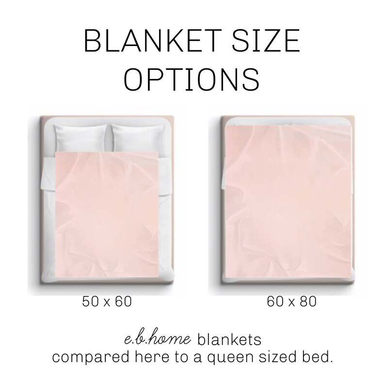 May include: Two pink blankets on a bed, showing the size difference between a 50 x 60 inch blanket and a 60 x 80 inch blanket. The text "e.b.home blankets compared here to a queen sized bed." is below the blankets.