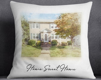 Custom House Portrait Pillow, Housewarming Gift, First Home Gift, Home Illustration, Watercolor Home Portrait, Realtor Closing Gift