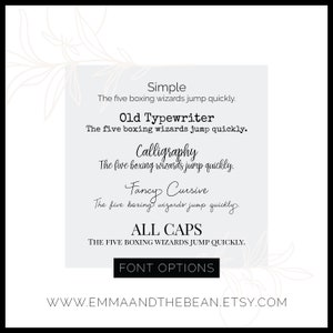May include: A graphic showing five different font options for the phrase "The five boxing wizards jump quickly." The options include Simple, Old Typewriter, Calligraphy, Fancy Cursive, and ALL CAPS. The graphic also includes the text "FONT OPTIONS" and the website address "WWW.EMMAANDTHEBEAN.ETSY.COM".