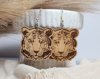 Handcrafted Wooden Tiger Face Earrings - Unique Wildlife Jewelry - Southern Game Day - Louisiana - Football - Baton Rogue - College