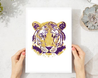 Poster Print of Purple and Gold Tiger Face College Dorm Artwork - Game Day - Southern Football - Baton Rogue