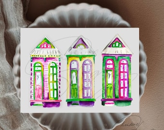 Premium Matte Print of Mardi Gras Houses Watercolor Artwork - New Orleans - Southern Artwork - Vibrant - Vintage - Uptown Houses