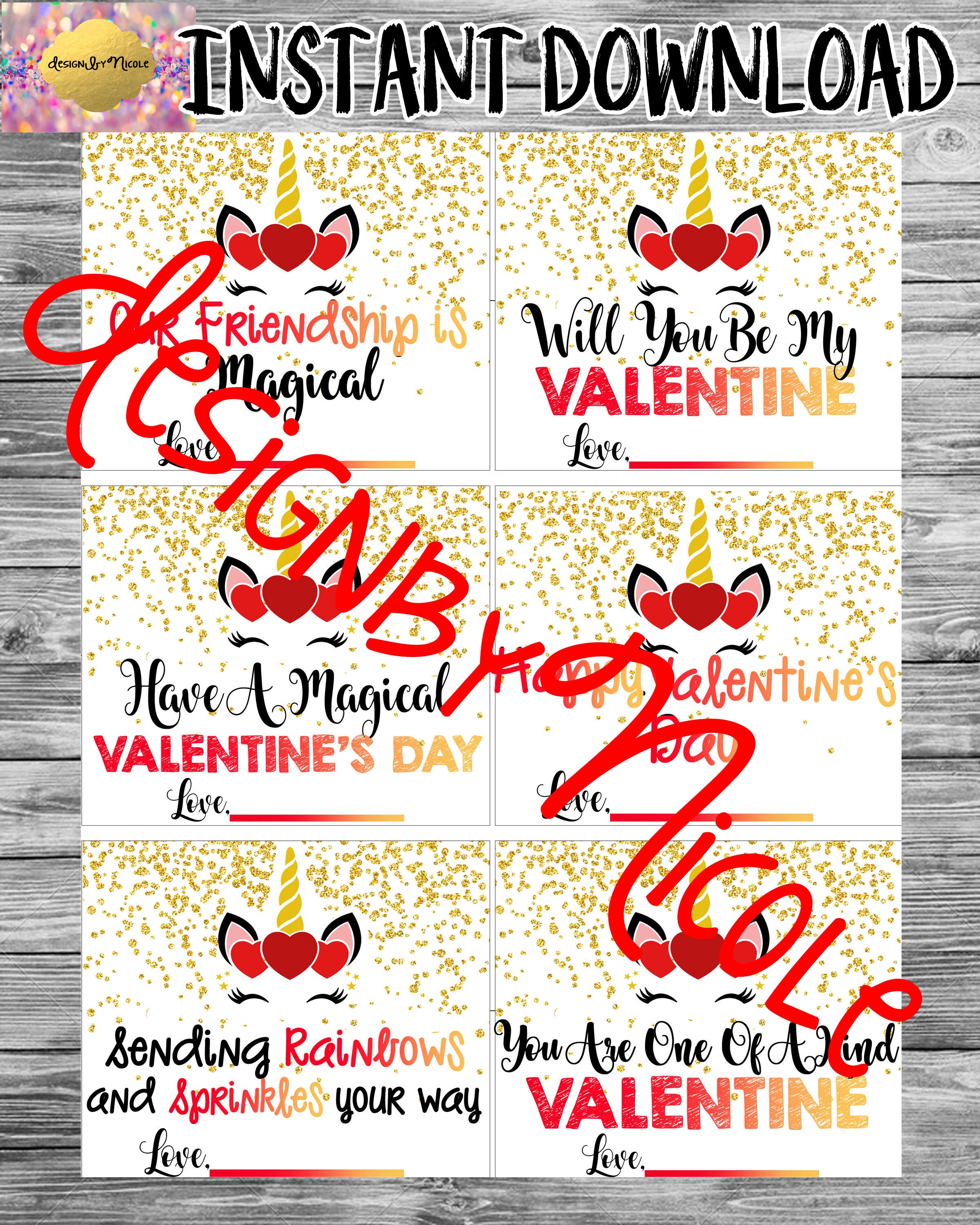 Unicorn Valentines Valentine Cards For Kids School Etsy - roblox valentine cards free printable