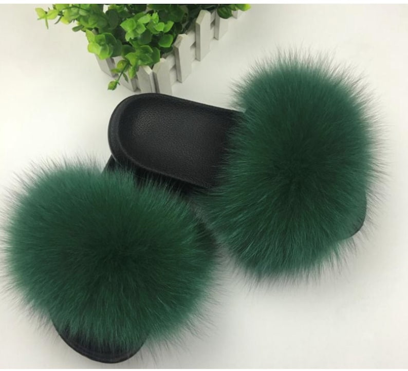 Christmas gift women/'s slippers beach flip flops birthday gift Super Fluffy Green Fox Fur Slides