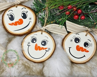 Large Wood Slice Snowman Christmas Ornament Set of 3