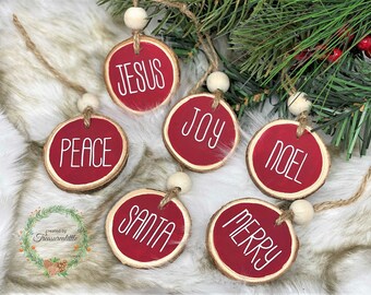 Farmhouse Country Wood Slice Christmas Ornament Set of 6