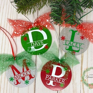 Red, Green or White Glitter Disc Personalized Monogram Ornaments