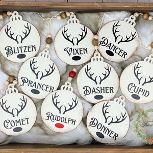 Farmhouse Wood Santa's Reindeer Names Ornament Set