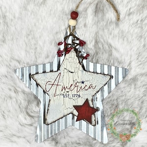 Americana Star Large Tin and Wood Christmas Ornament