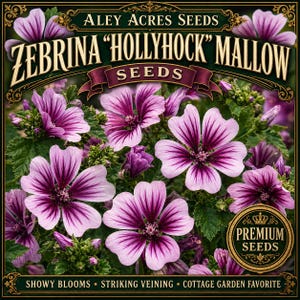 以下が含まれることがあります： ゼブリナ「ホリーホック」マロウの種子のパッケージ。鮮やかなピンクと紫の花が特徴で、印象的な葉脈が見えます。パッケージには「Aley Acres Seeds」と「Premium Seeds」の文字が記載されています。パッケージの下部には「Showy Blooms, Striking Veining, Cottage Garden Favorite」と書かれています。