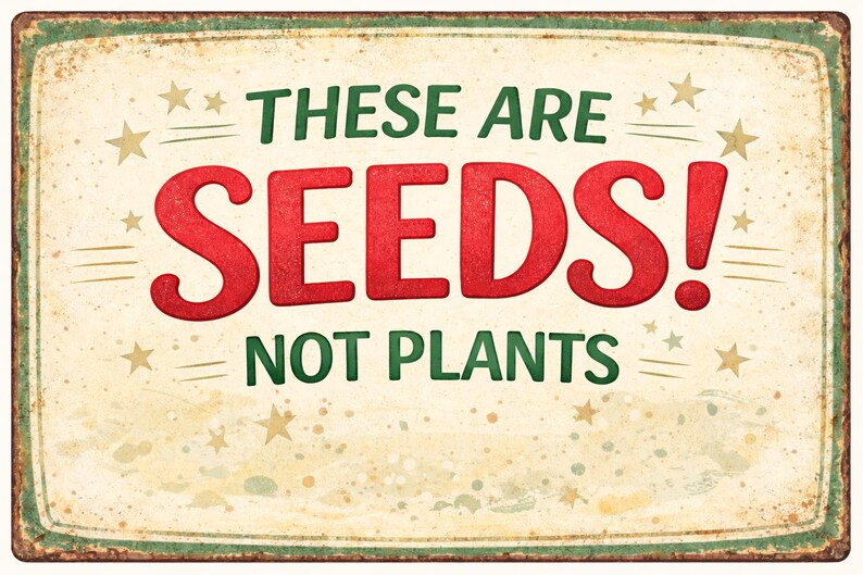 May include: A vintage-style metal sign with the text "THESE ARE SEEDS! NOT PLANTS" in red and green. The sign has a distressed, aged appearance with star accents and a cream-colored background.