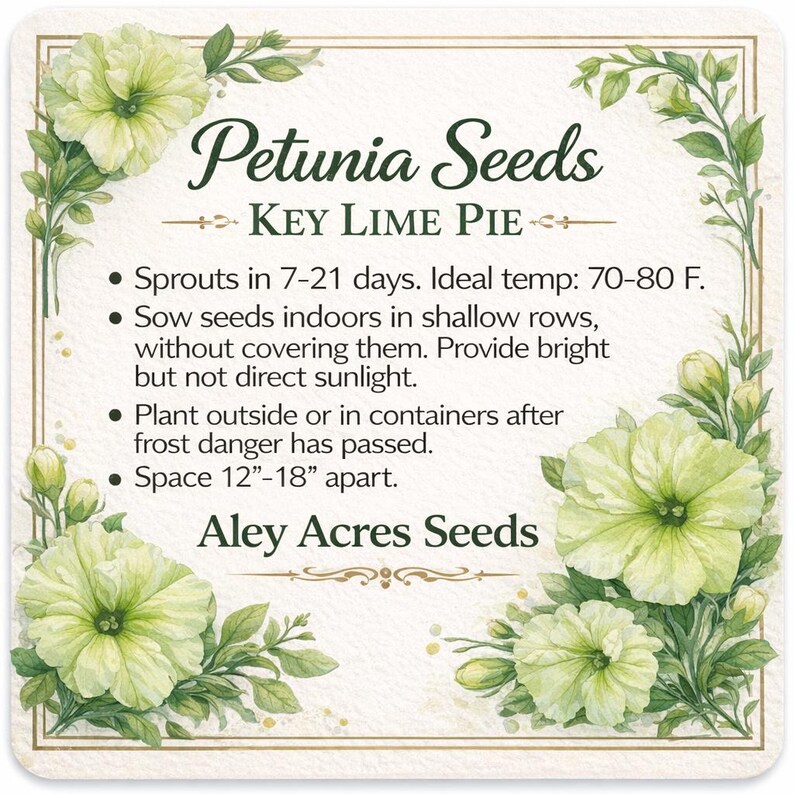 May include: A square card with the text "Petunia Seeds KEY LIME PIE" surrounded by watercolor illustrations of light green flowers and leaves. The card provides planting instructions, including spacing of 12-18 inches apart.