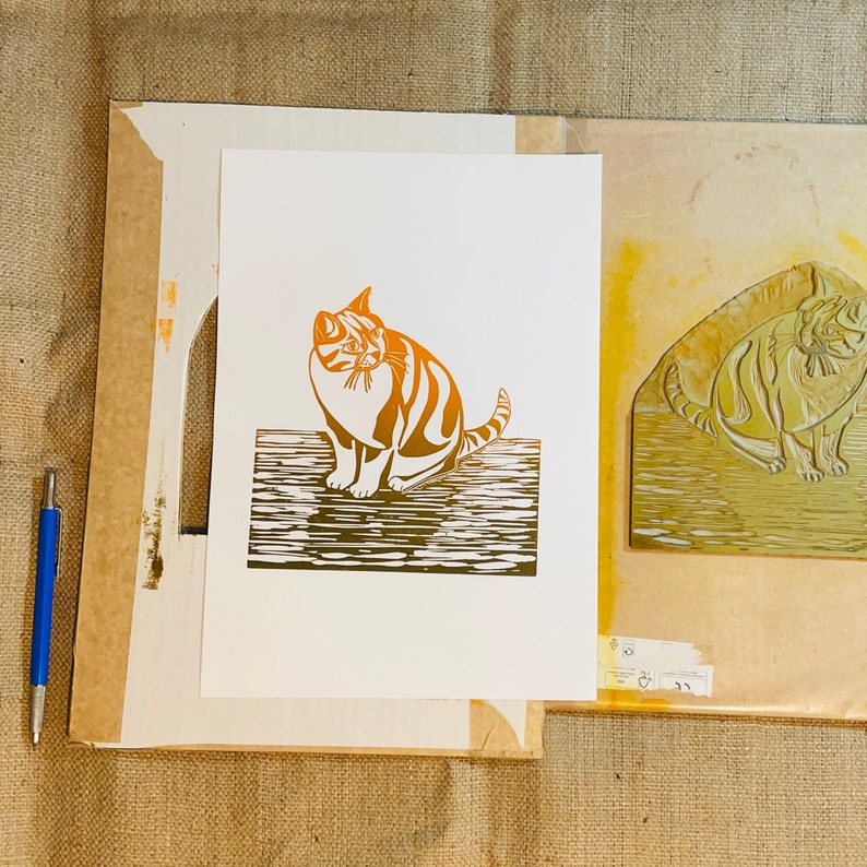 Cat Ginger print which is a handmade original lino print image 5