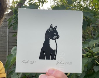 Black cat with tuxedo bib mini lino print