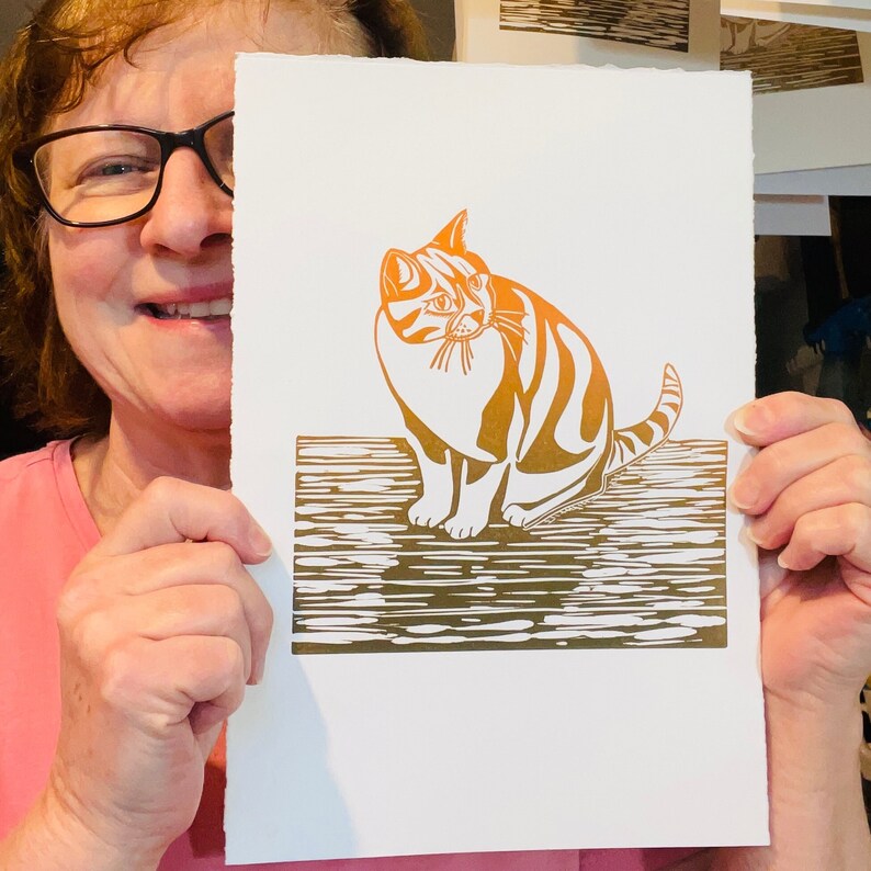 Cat Ginger print which is a handmade original lino print image 6