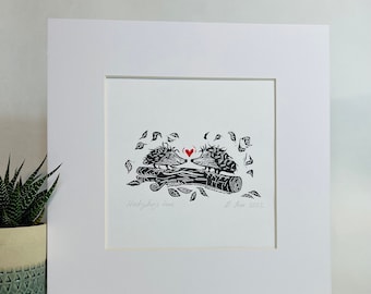 Hedgehogs love lino print. Valentine's day love