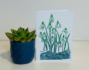 Snowdrops in green greetings card, a handmade original lino print,