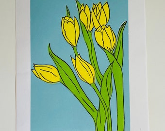 Yellow Tulips lino print Artist proofs