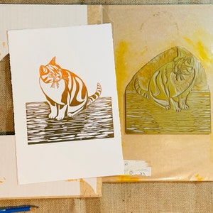 Cat Ginger print which is a handmade original lino print image 4